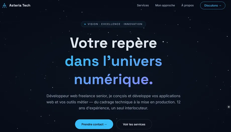 Page d'accueil du site Asteria Tech — thème spatial sombre