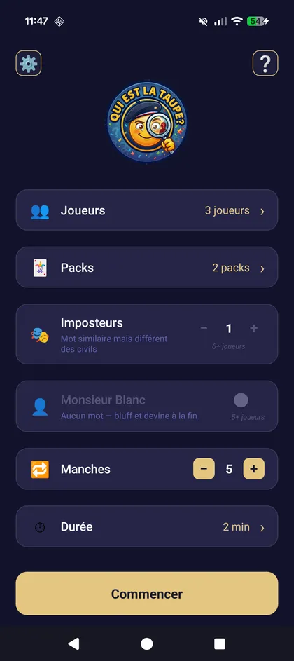 Écran de configuration d'une partie de Qui est la taupe ? : joueurs, packs, imposteurs, manches